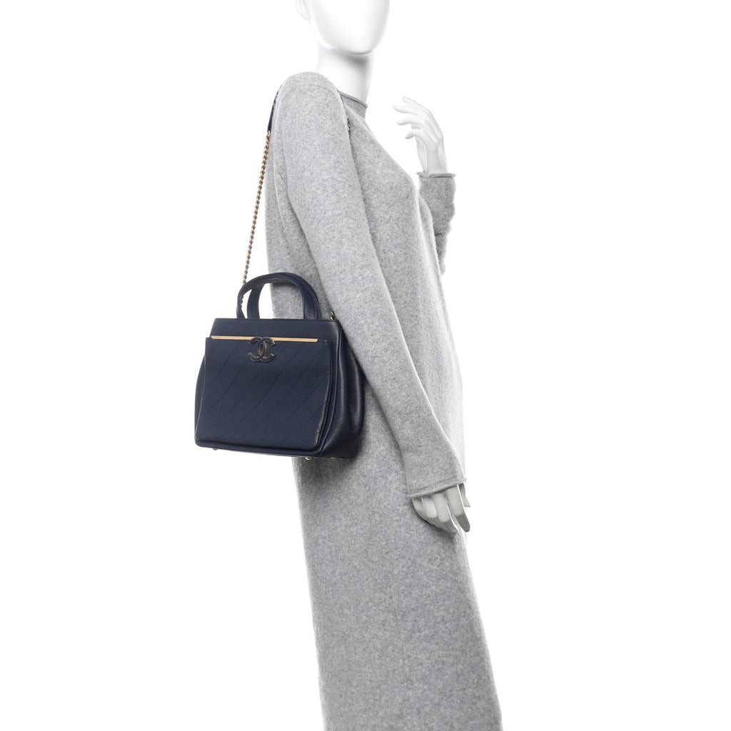 Grained Calfskin Stitched Small Lady Coco Top Handle Tote Navy