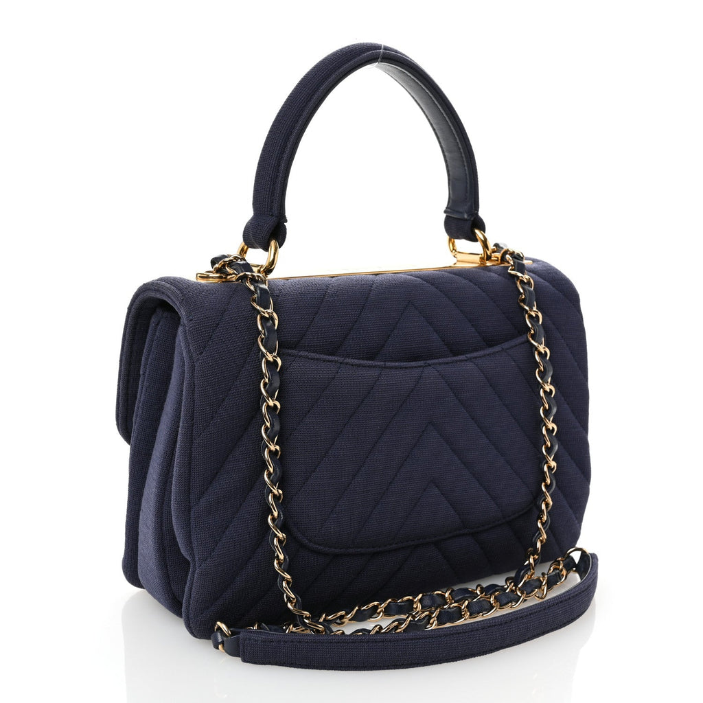 Jersey Chevron Quilted Small Trendy CC Dual Handle Flap Bag Navy Blue