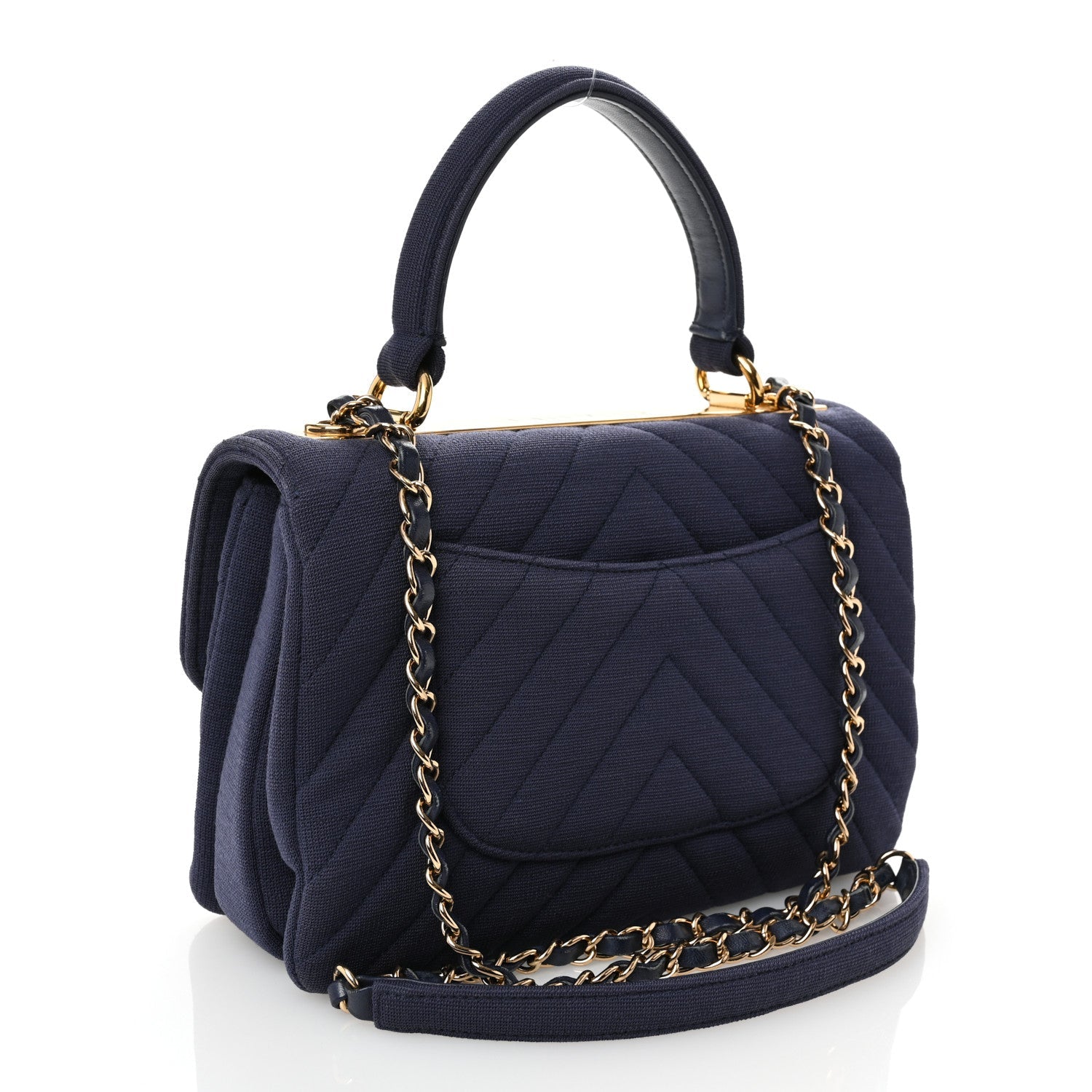 Jersey Chevron Quilted Small Trendy CC Dual Handle Flap Bag Navy Blue