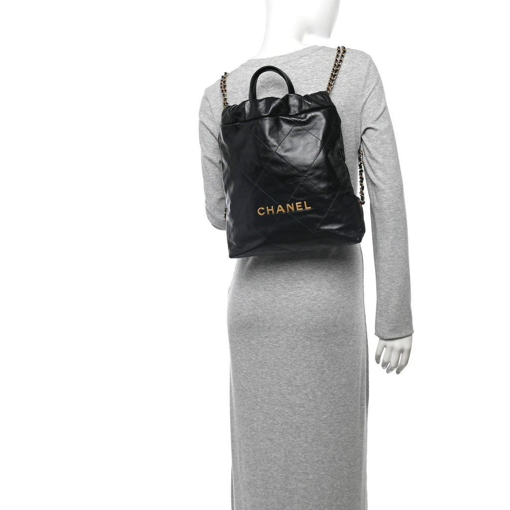 Shiny Calfskin Quilted Chanel 22 Backpack Black