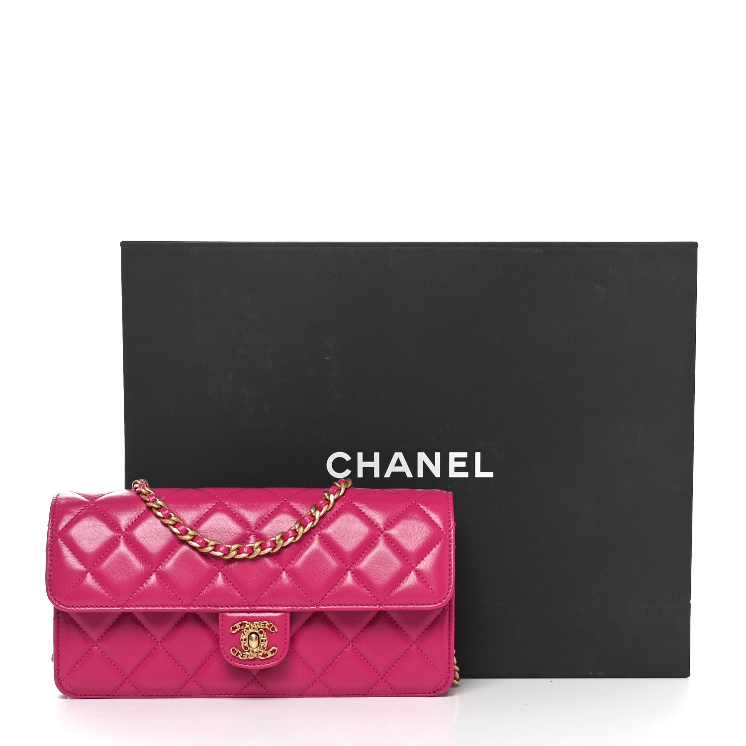 Shiny Lambskin Quilted Flap Clutch Bag Dark Pink