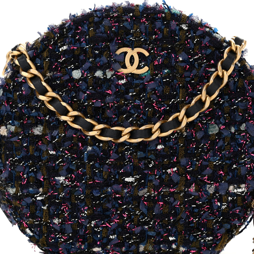 Tweed Quilted Round Clutch With Chain Multicolor
