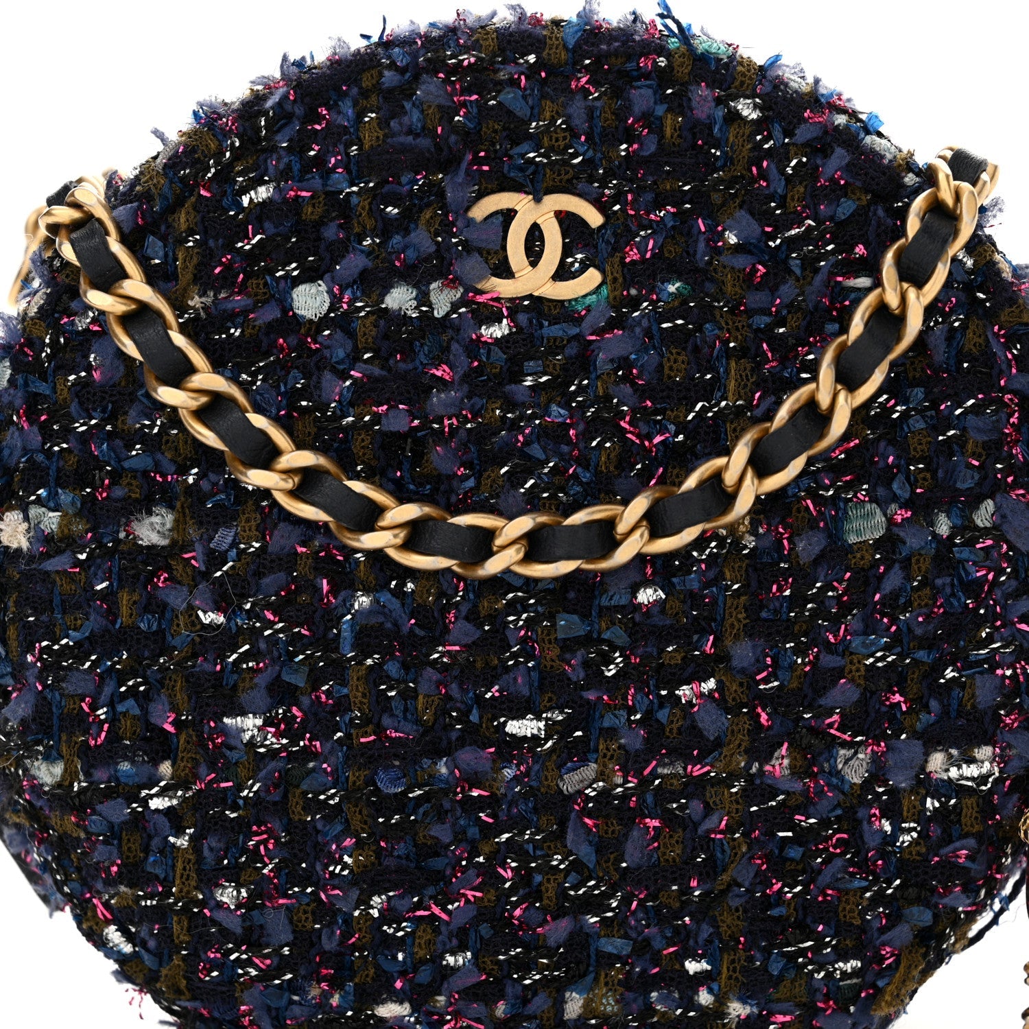 Tweed Quilted Round Clutch With Chain Multicolor
