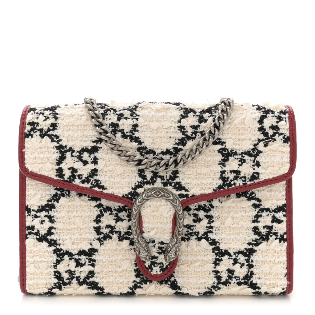 Tweed GG Monogram Mini Dionysus Chain Wallet White Black Romantic Cherry