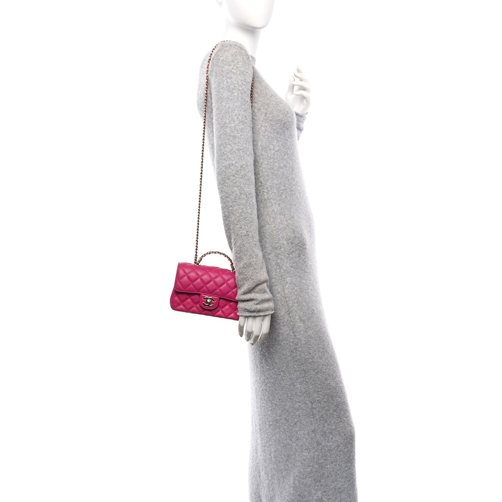 Lambskin Quilted Mini Crystal Top Handle Rectangular Flap Dark Pink