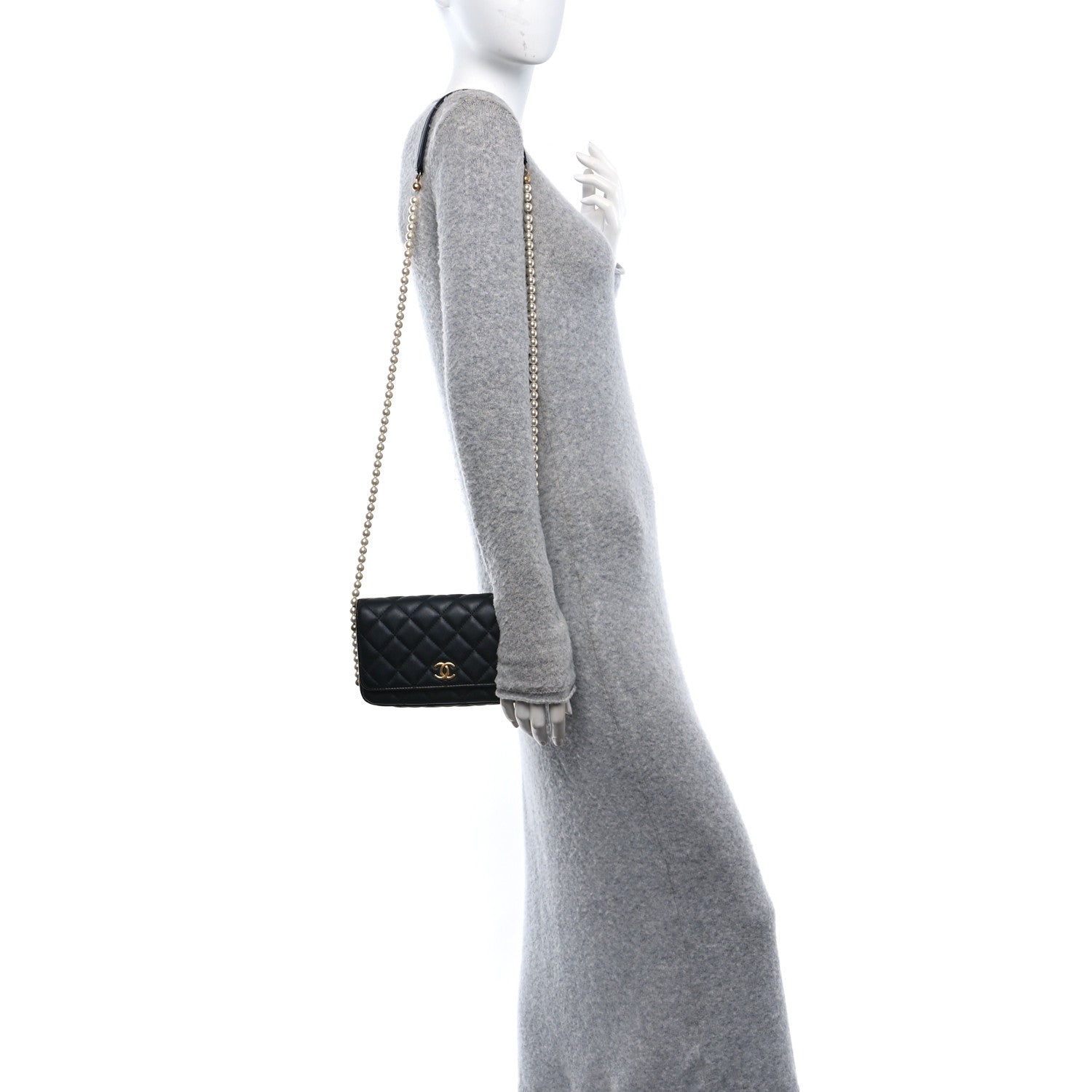 Calfskin Quilted Pearl Wallet On Chain WOC Black