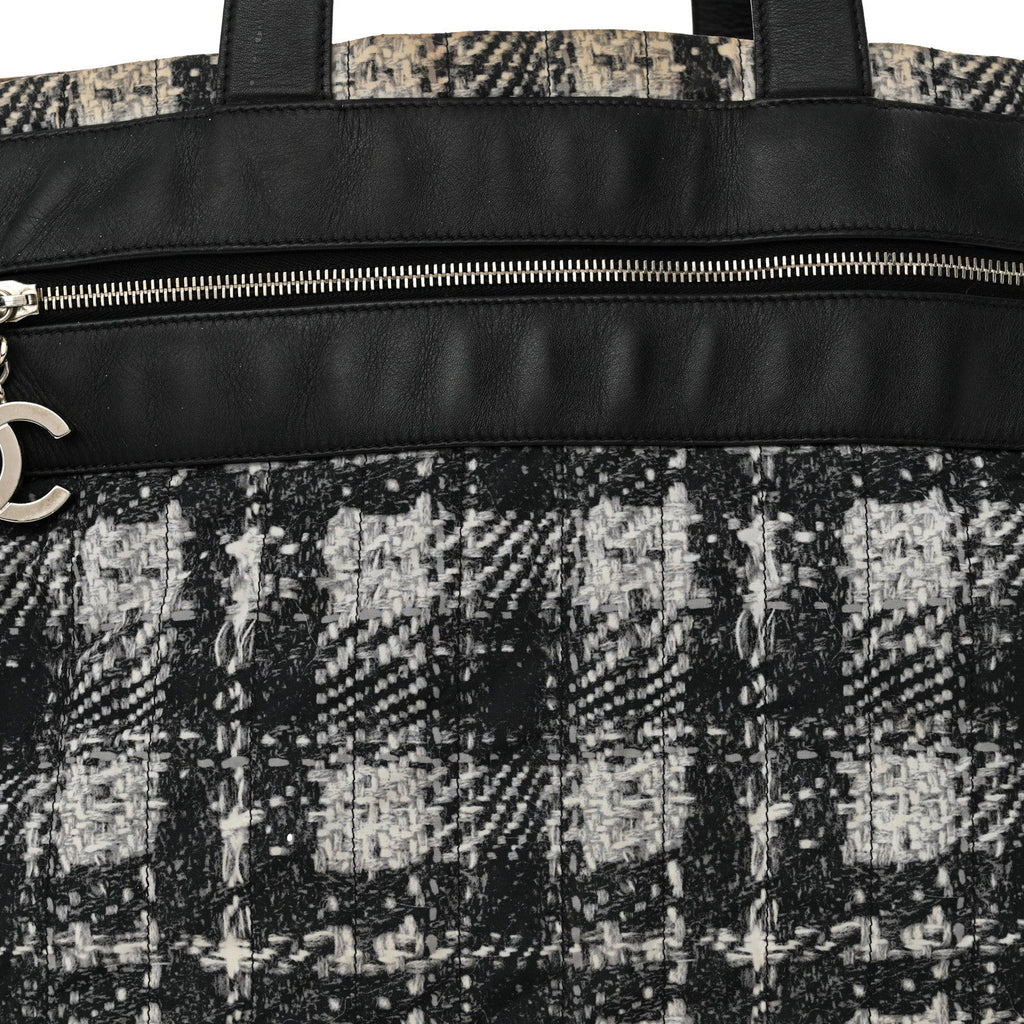 Lambskin Nylon Tweed Printed Tote Black White