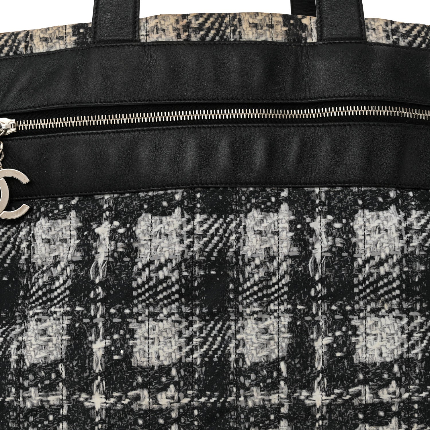 Lambskin Nylon Tweed Printed Tote Black White