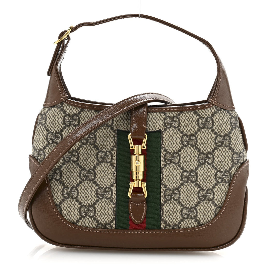 GG Supreme Monogram Azalea Calfskin Web Mini Jackie 1961 Hobo Beige Ebony Brown Sugar