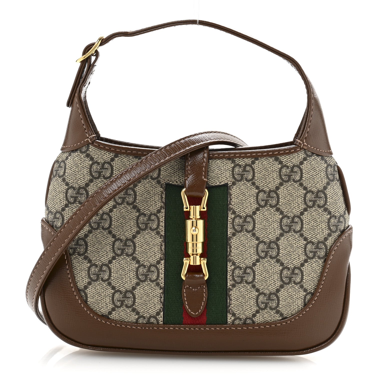 GG Supreme Monogram Azalea Calfskin Web Mini Jackie 1961 Hobo Beige Ebony Brown Sugar