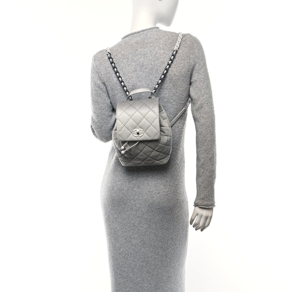 Shaded Caviar Quilted Lacquered CC My Everything Drawstring Backpack Dark Grey Light Grey