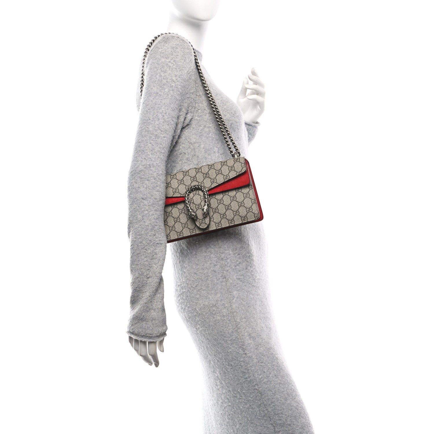 GG Supreme Monogram Suede Crystal Small Dionysus Shoulder Bag Beige Ebony Vulcanic Red