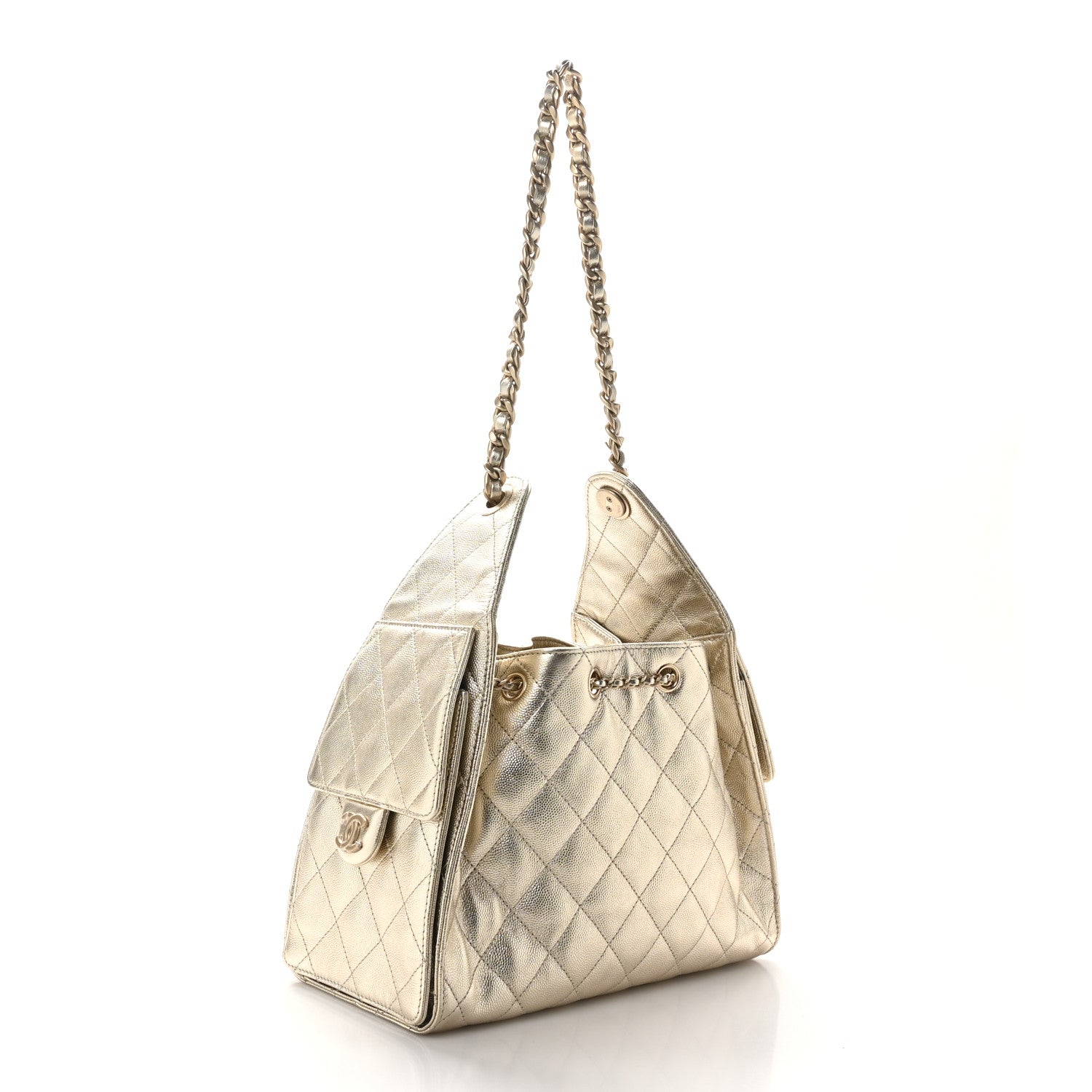 Metallic Caviar Quilted Small Chanel 25 Handbag Gold