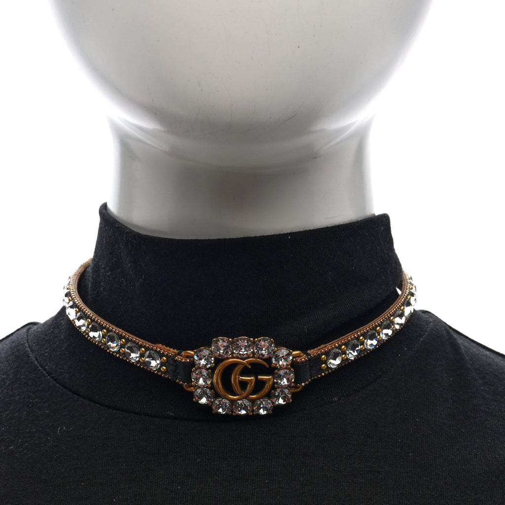 Calfskin Crystal Embellished Double G Choker Necklace Black