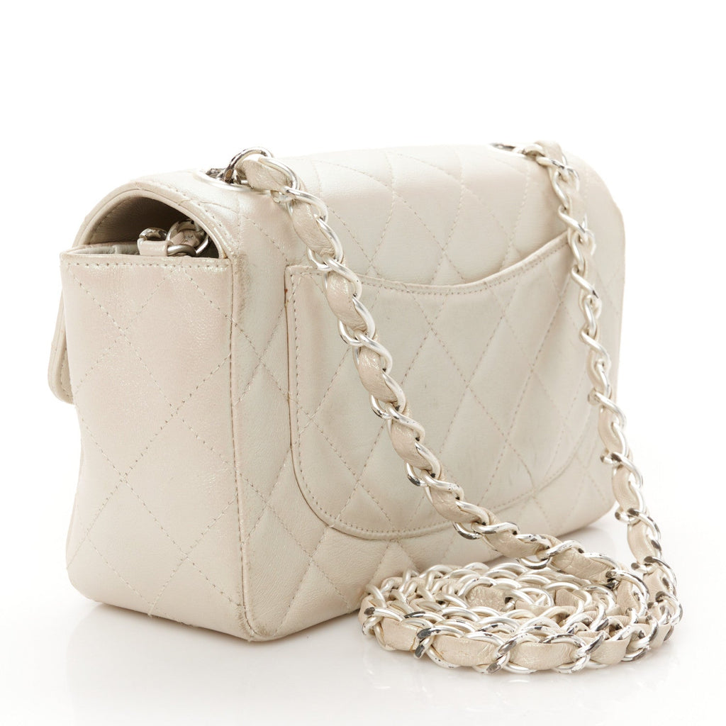 Iridescent Lambskin Quilted Mini Rectangular Flap Ivory