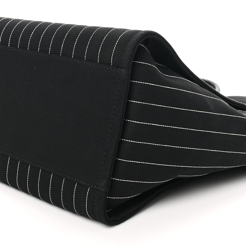 Canvas Calfskin Striped Medium Deauville Tote Black White