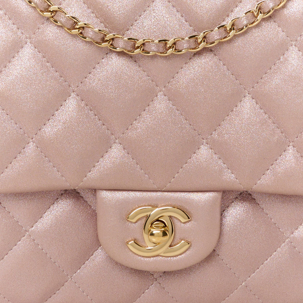 Iridescent Calfskin Quilted Clutch With Chain Flap Pink