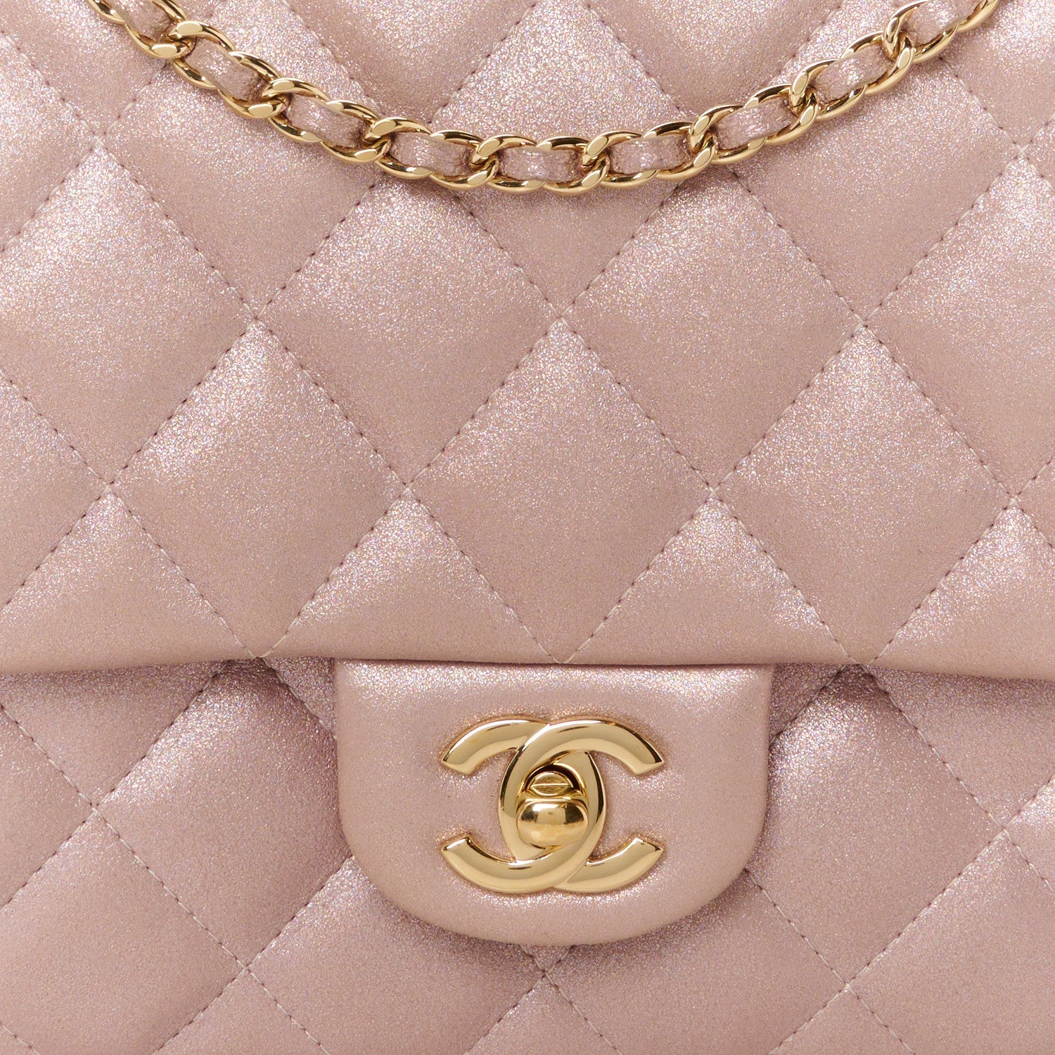 Iridescent Calfskin Quilted Clutch With Chain Flap Pink