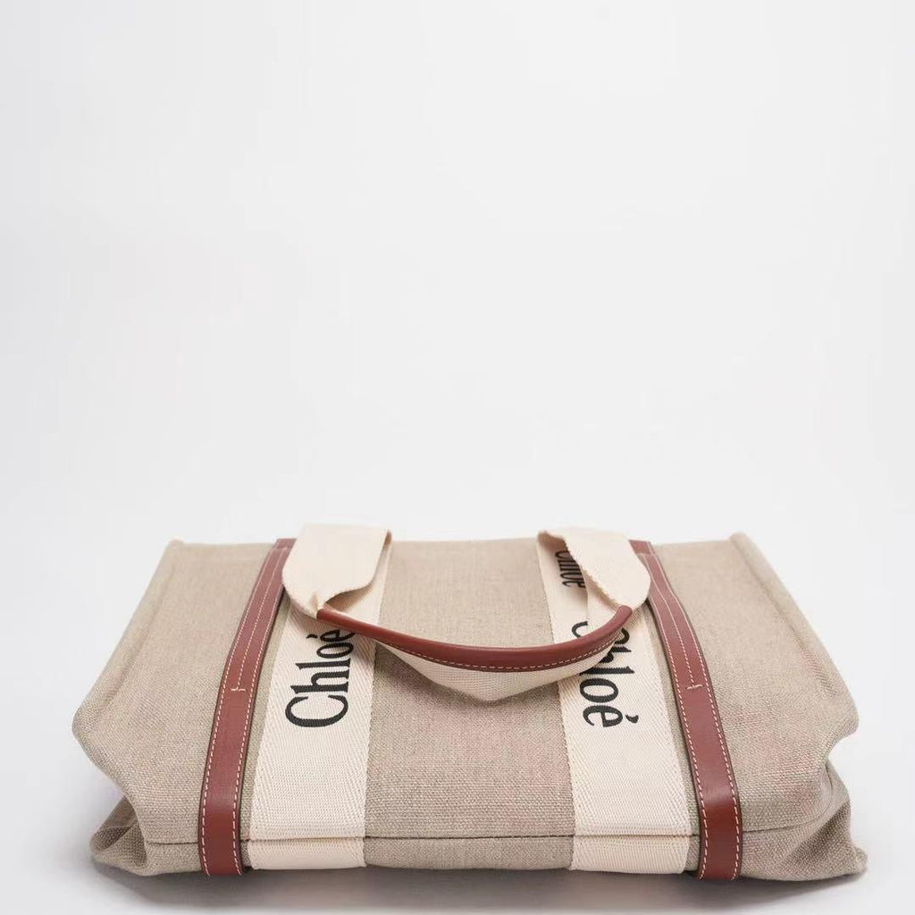 Chloe White and Beige Medium Woody Tote Bag Leinen