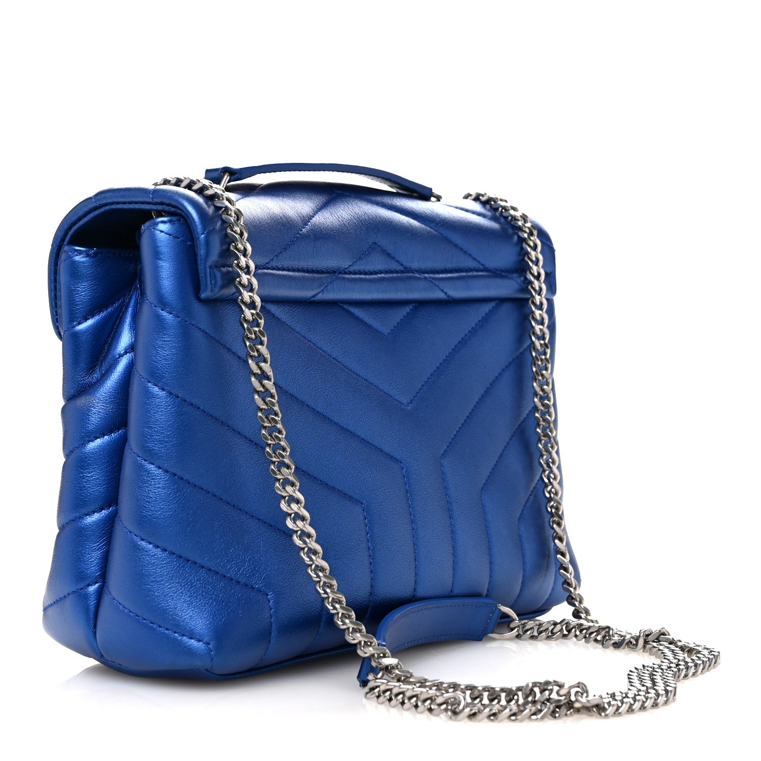 Metallic Calfskin Y Quilted Monogram Small Loulou Chain Satchel Blue Royal