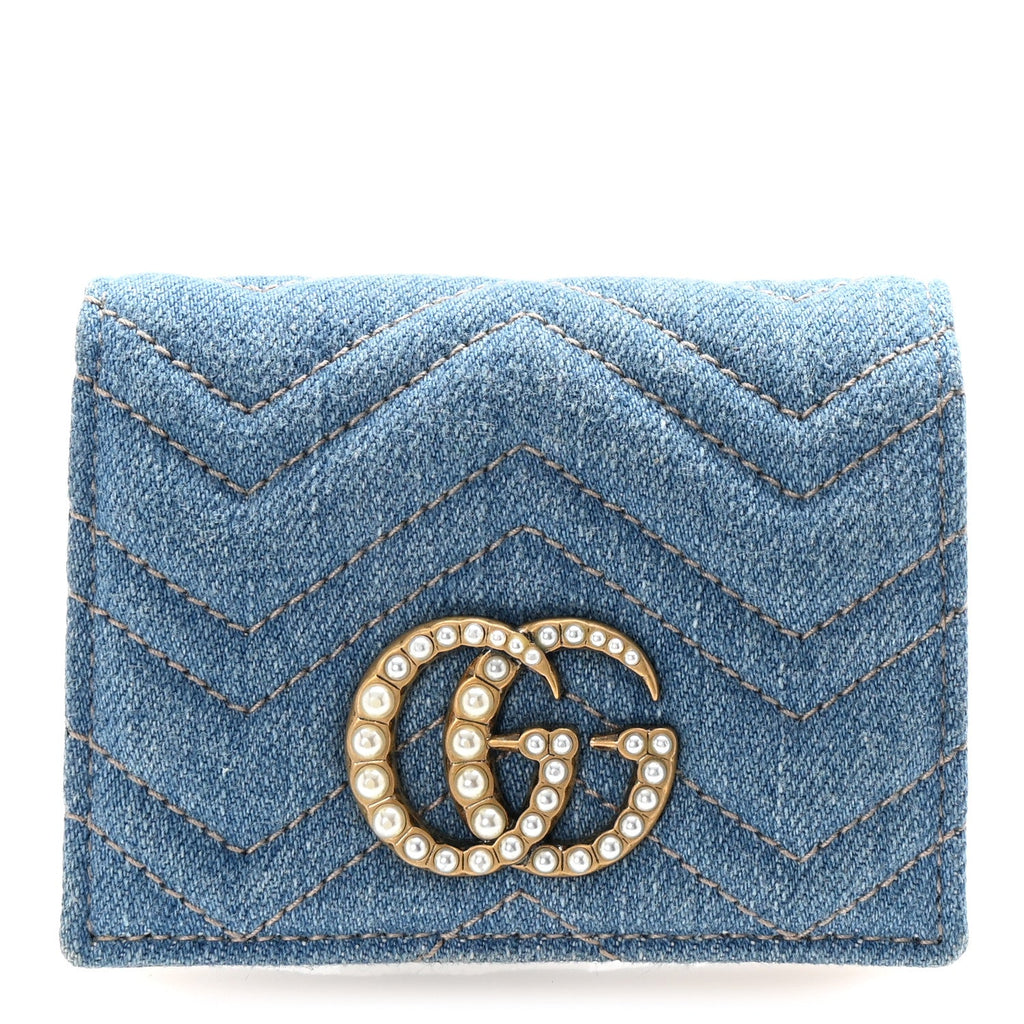 Denim Matelasse Pearly GG Marmont  Case Wallet Blue