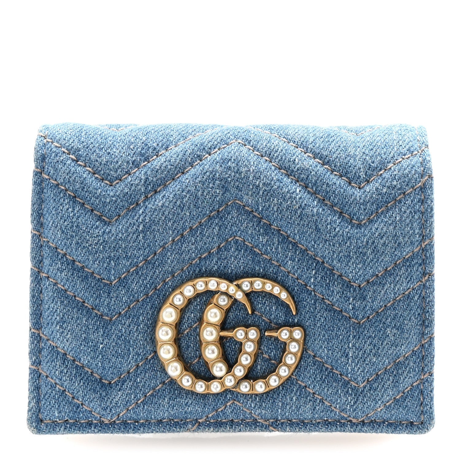 Denim Matelasse Pearly GG Marmont  Case Wallet Blue