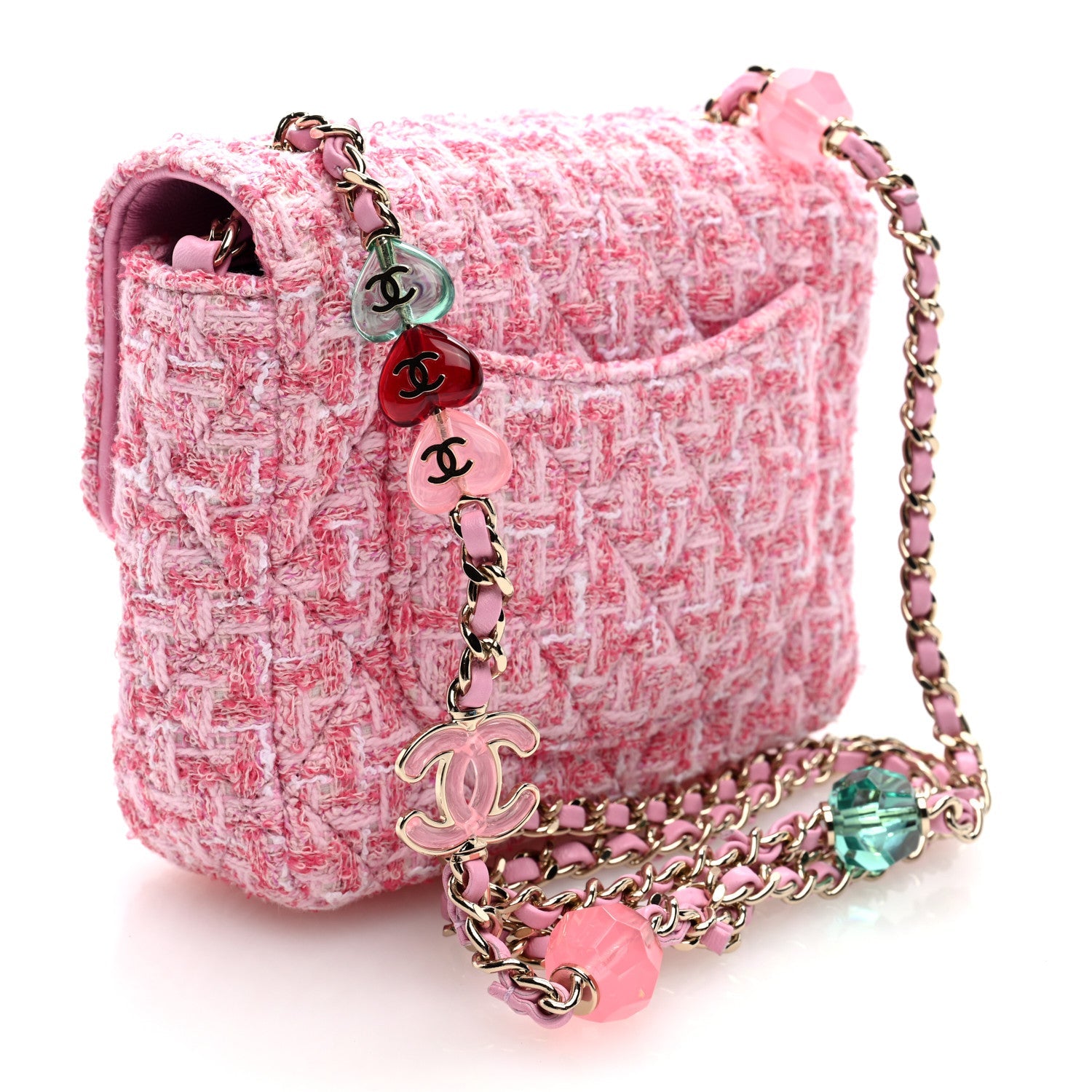 Tweed Resin Quilted Mini Heart Square Flap Pink White