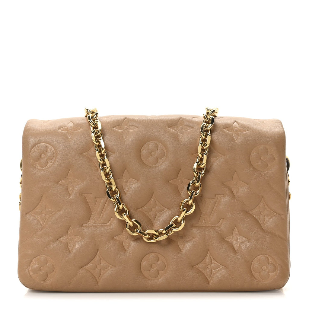 Lambskin Embossed Monogram Pochette Coussin Camel