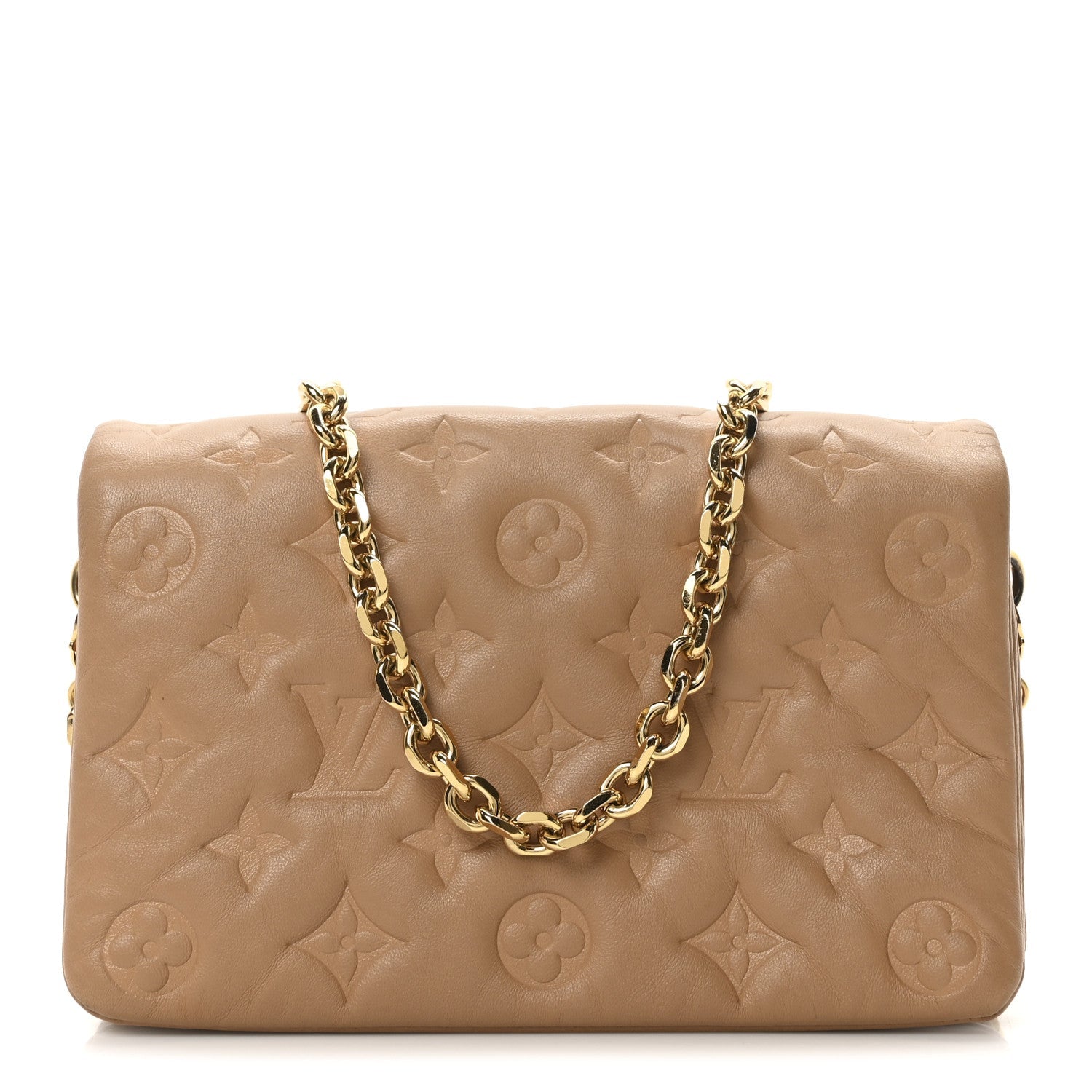Lambskin Embossed Monogram Pochette Coussin Camel
