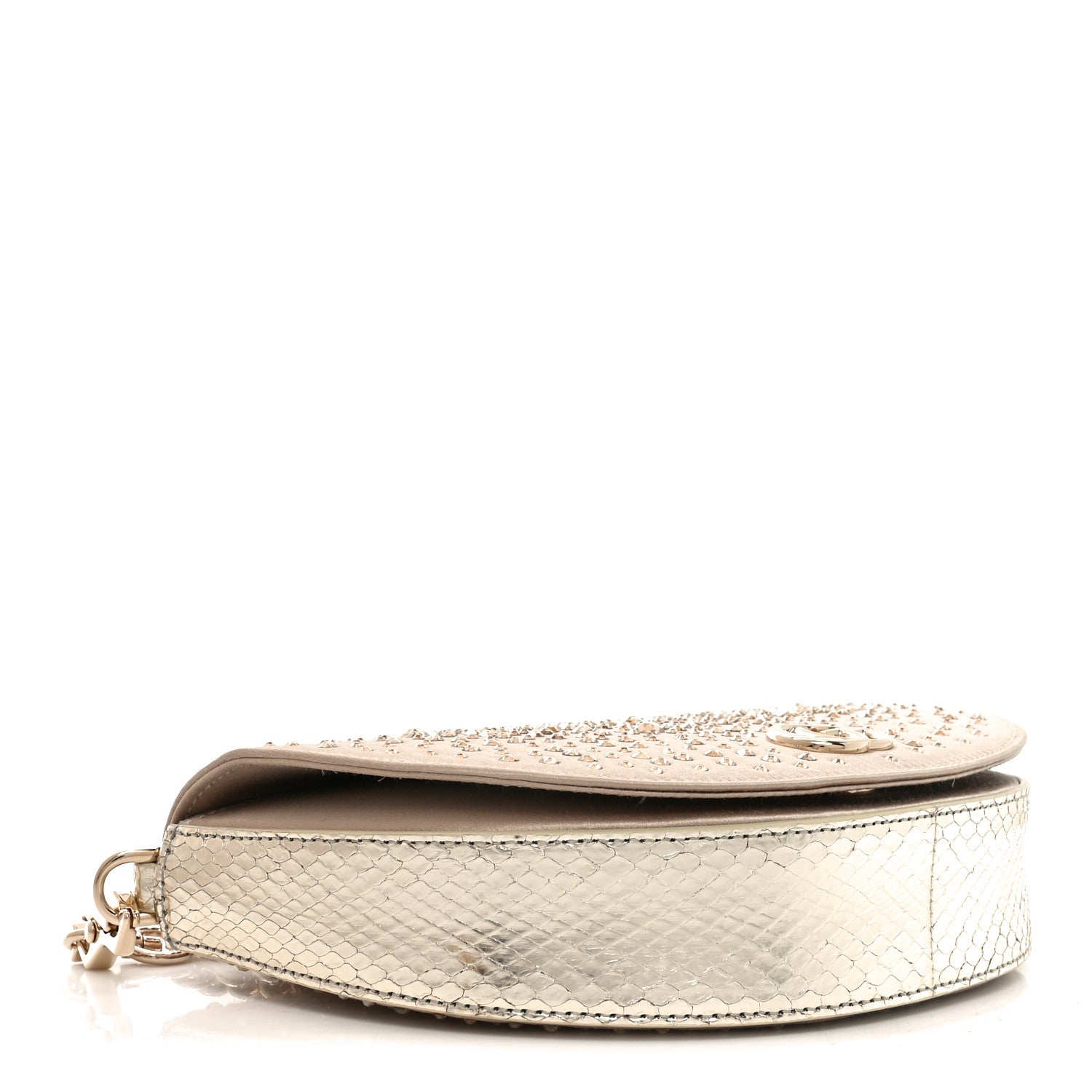 Satin Crystal Half Moon Chain Shoulder Bag Beige