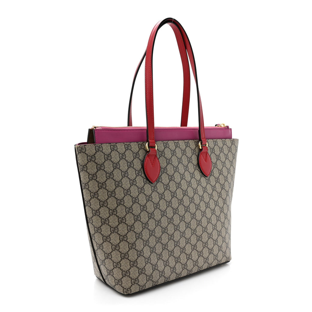 GG Supreme Monogram Medium Zippered Bucket Tote Beige Hibiscus Red New Rosette