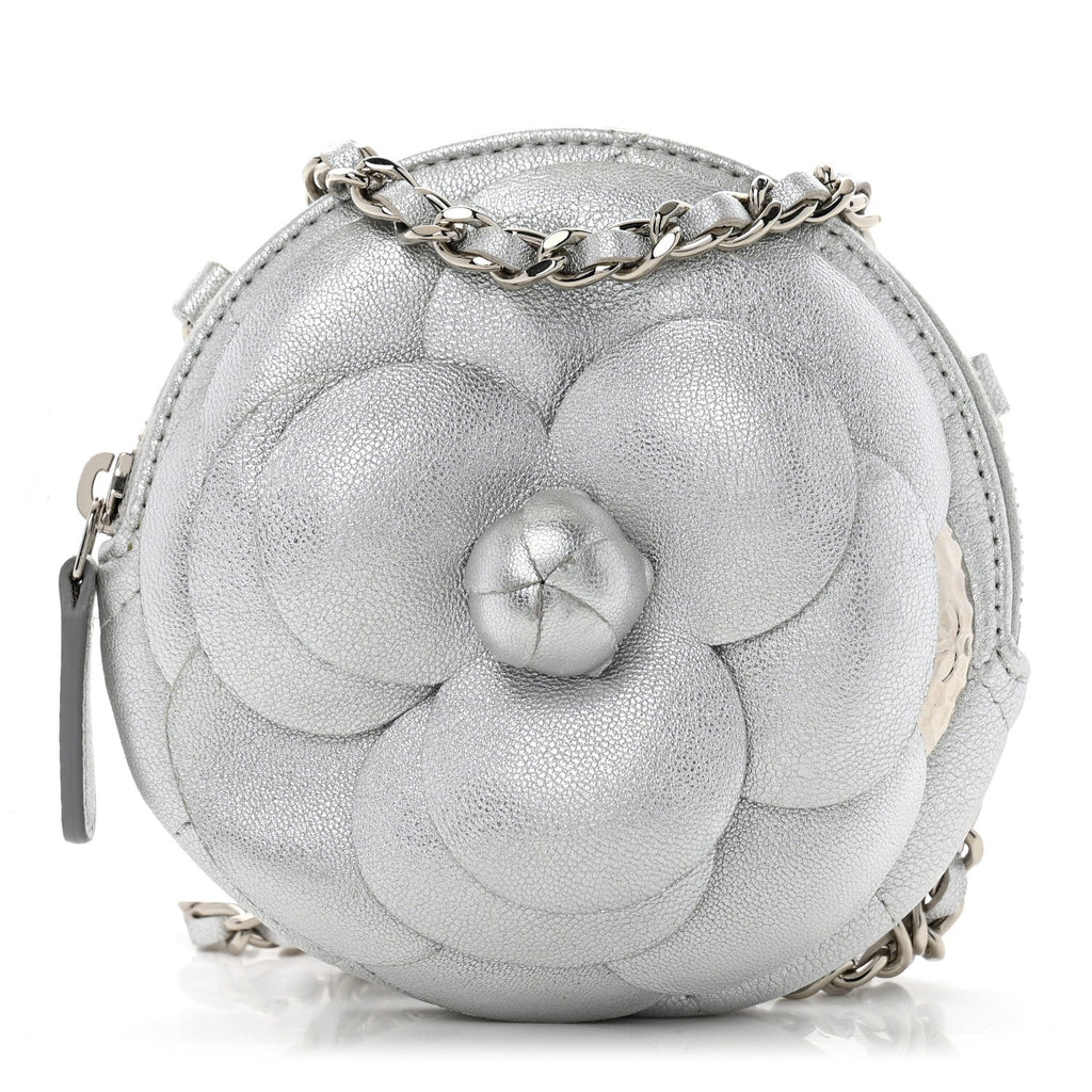 Metallic Lambskin Mini Camellia Bouquet Clutch With Chain Silver