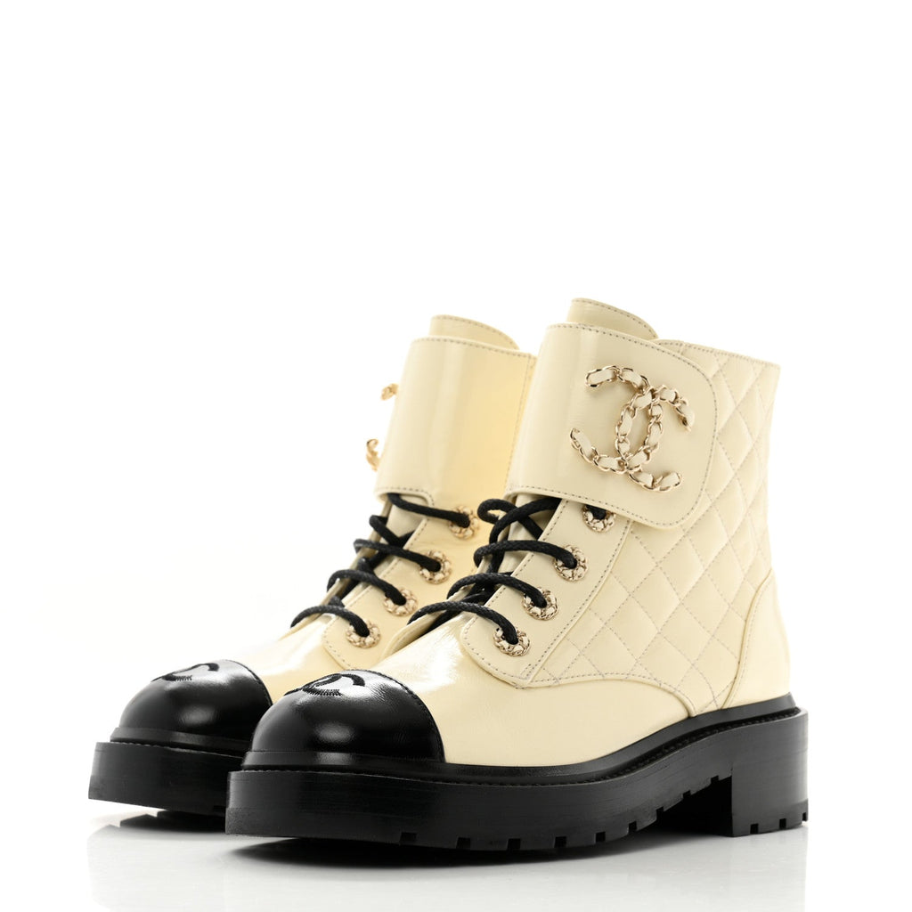 Shiny Calfskin Quilted Lace Up Combat Boots 37 Ivory Black