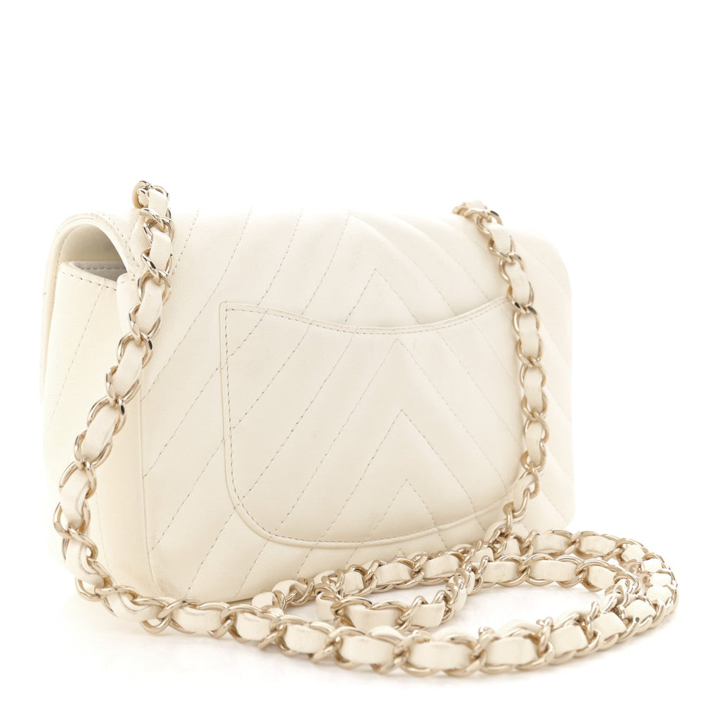 Lambskin Chevron Quilted Mini Rectangular Flap White