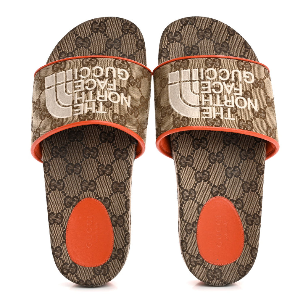 x NORTH FACE Canvas GG Monogram Womens Slide Sandals 40 Beige Mystic White Deep Orange