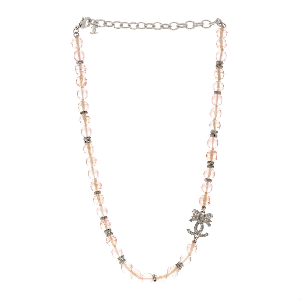 Resin Bead Crystal CC Bow Drop Choker Necklace Pink Silver