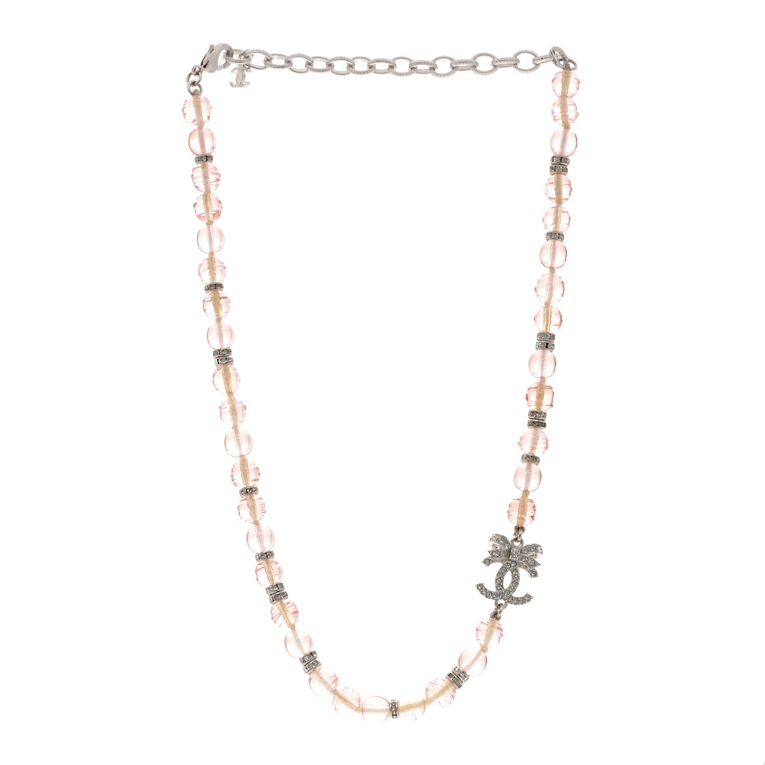 Resin Bead Crystal CC Bow Drop Choker Necklace Pink Silver
