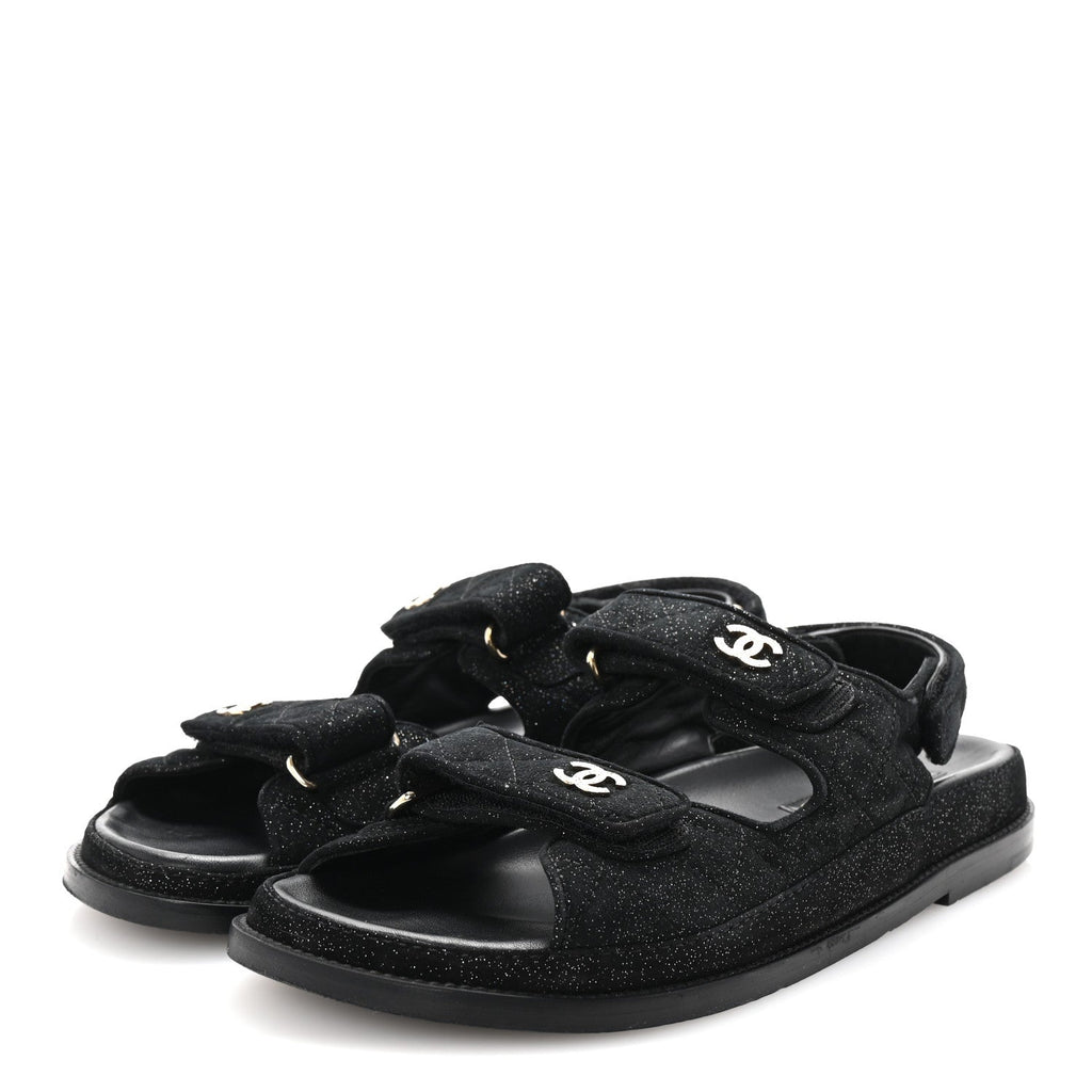 Suede Calfskin Glitter Crystal Velcro Dad Sandals 40 Black