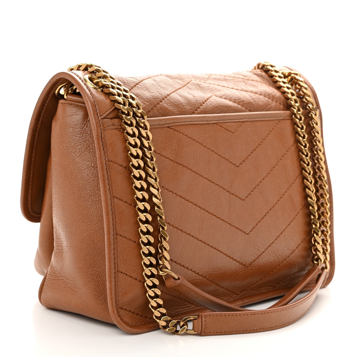 Crinkled Calfskin Matelasse Monogram Medium Niki Chain Satchel Caramel