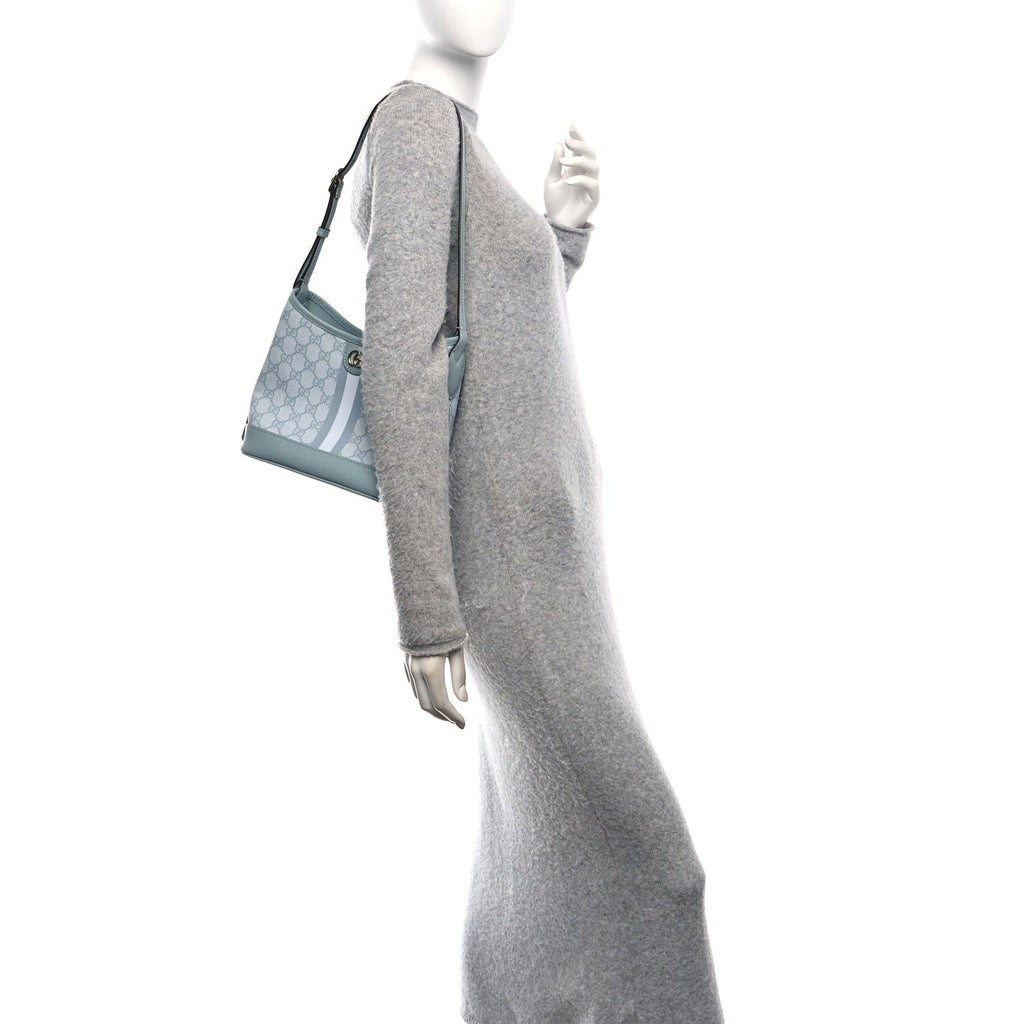GG Supreme Monogram Textured Dollar Calfskin Web Small Ophidia Bucket Shoulder Bag Dusty Blue