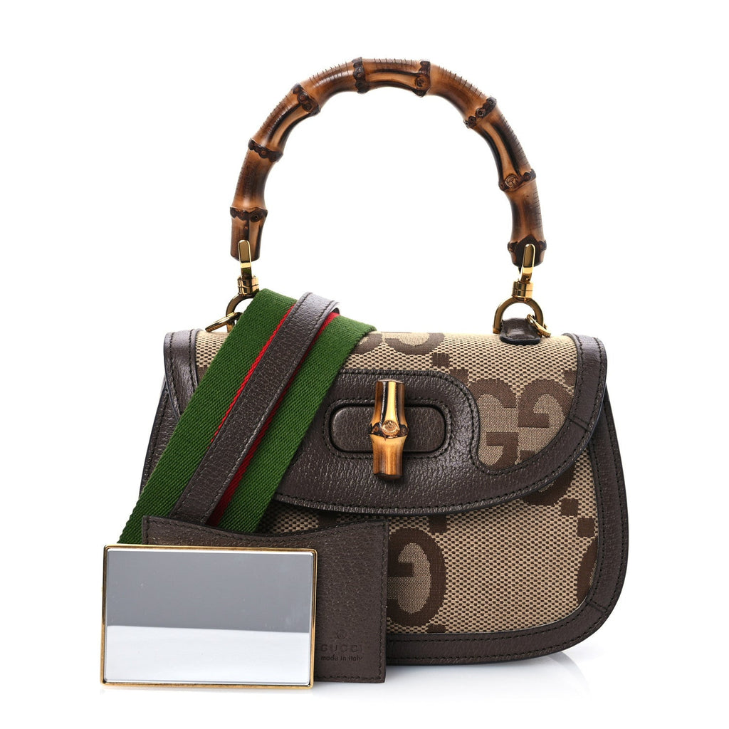 Monogram Jumbo GG Textured Dollar Calfskin Web Small Bamboo 1947 Top Handle Bag Camel Ebony New Acero