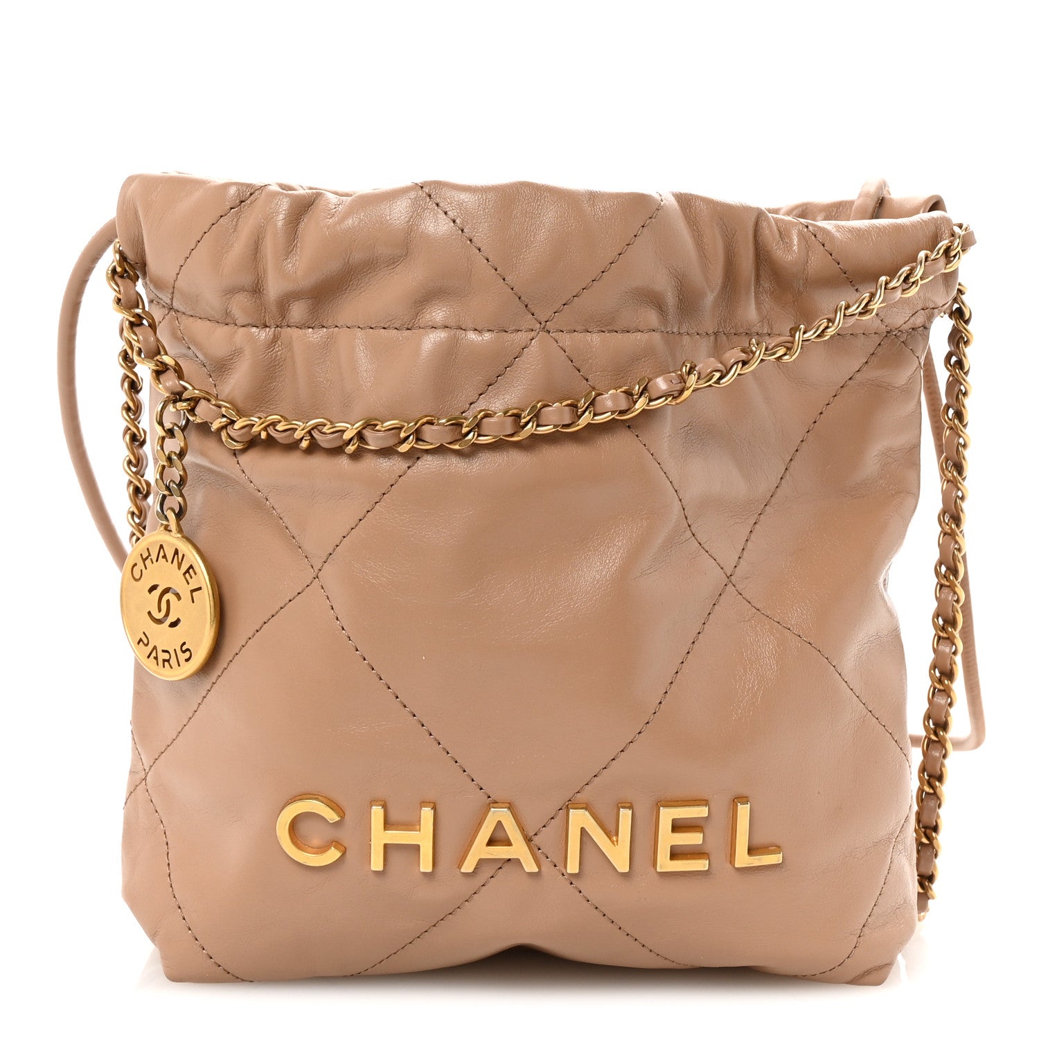 Shiny Calfskin Quilted Mini Chanel 22 Dark Beige