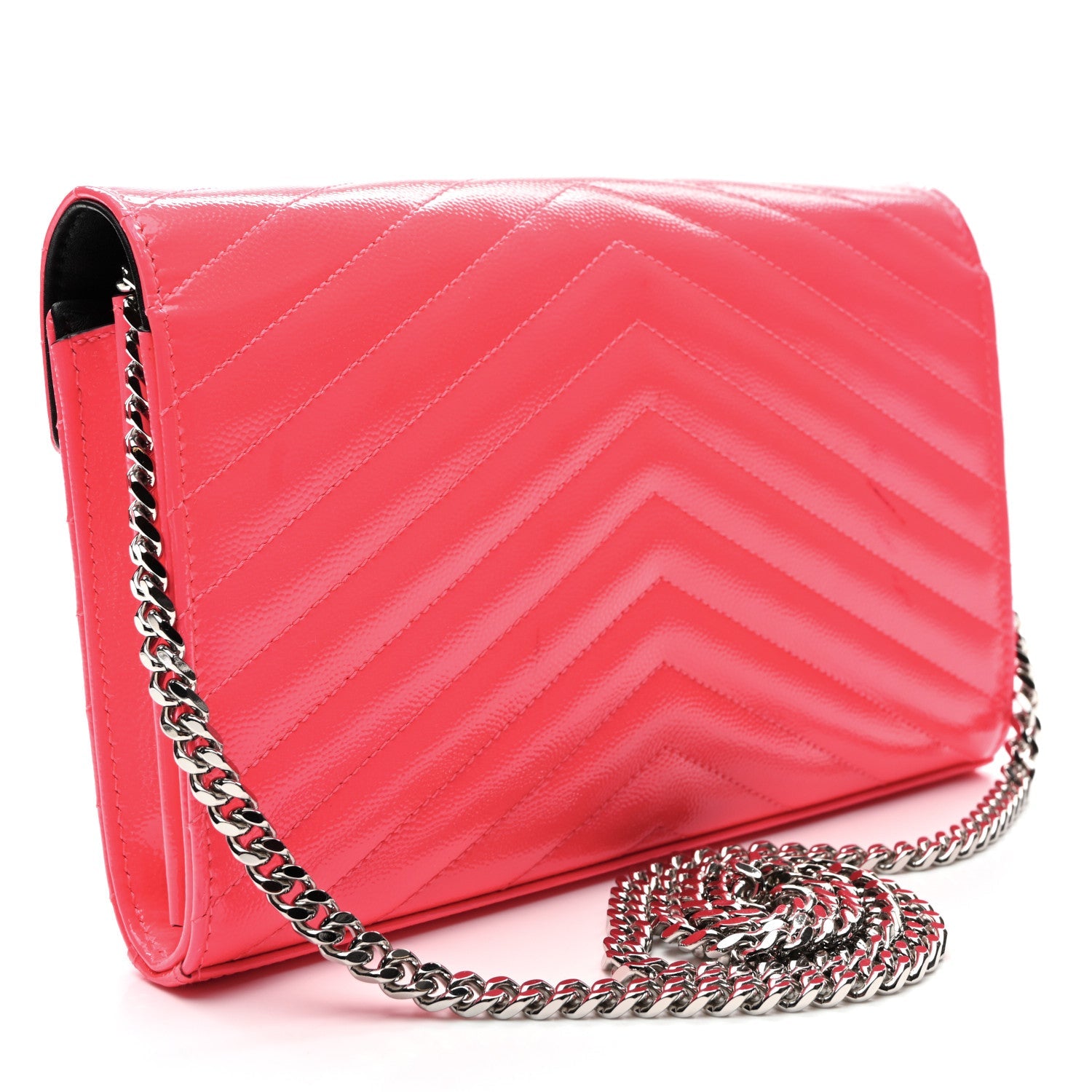 Patent Grain De Poudre Matelasse Chevron Monogram Chain Wallet Neon Pink