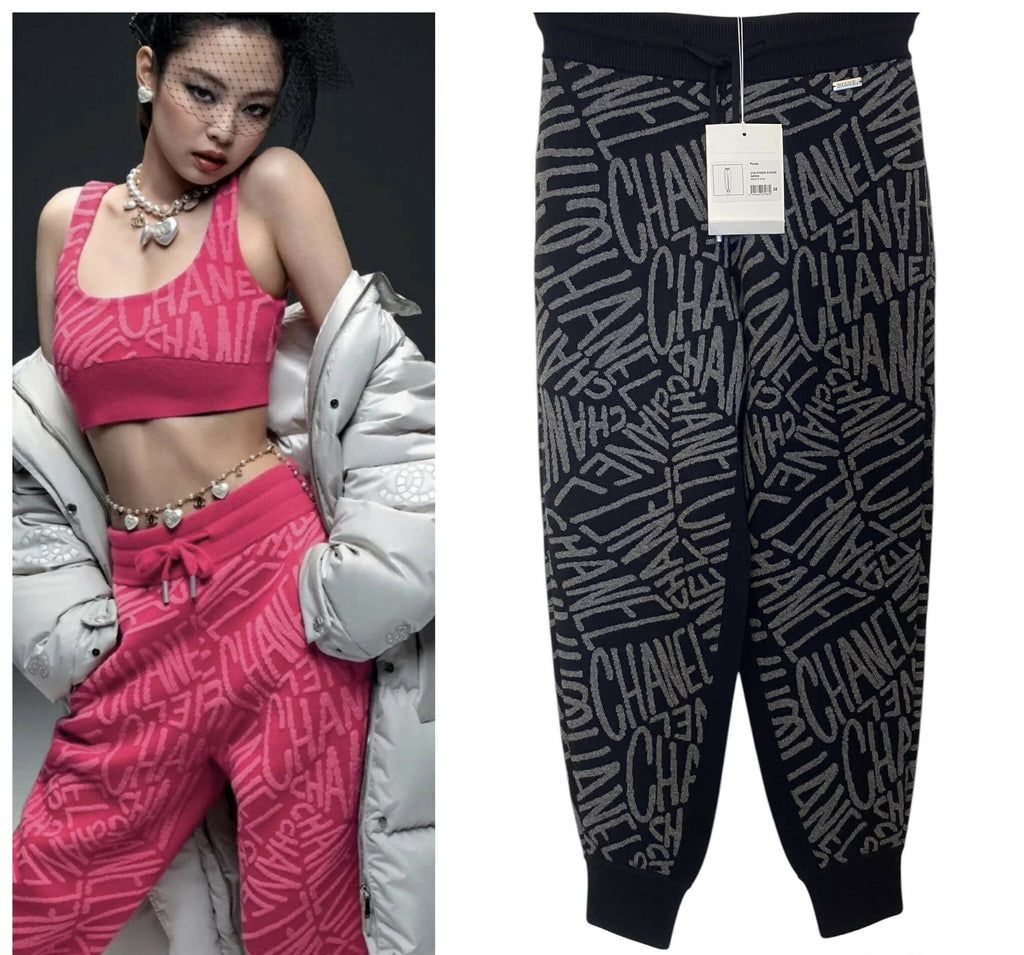 NWT Chanel Logo 21N Coco Neige Black Grey Cashmere Bottoms Lounge Pants FR 38