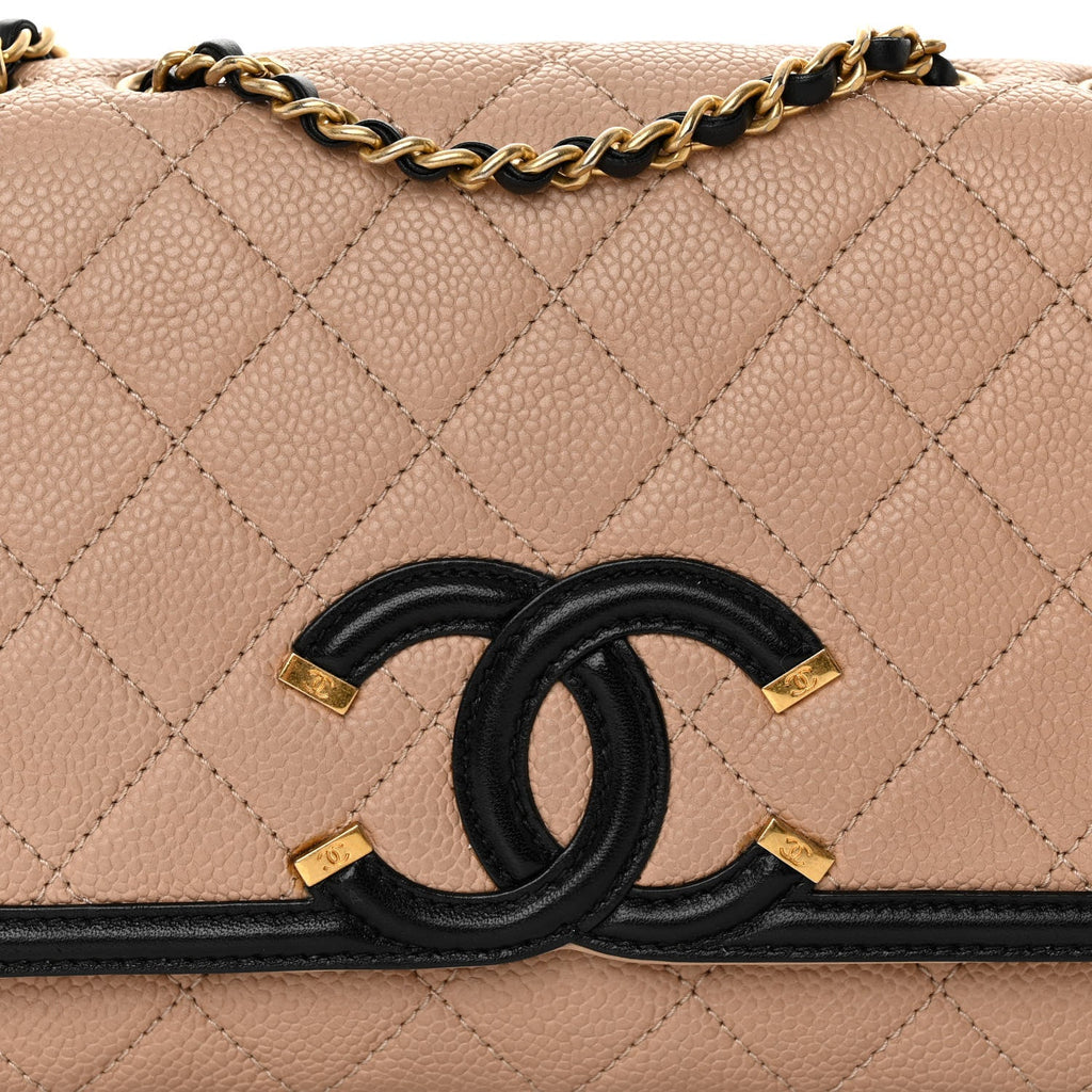 Caviar Quilted Small CC Filigree Flap Beige Black