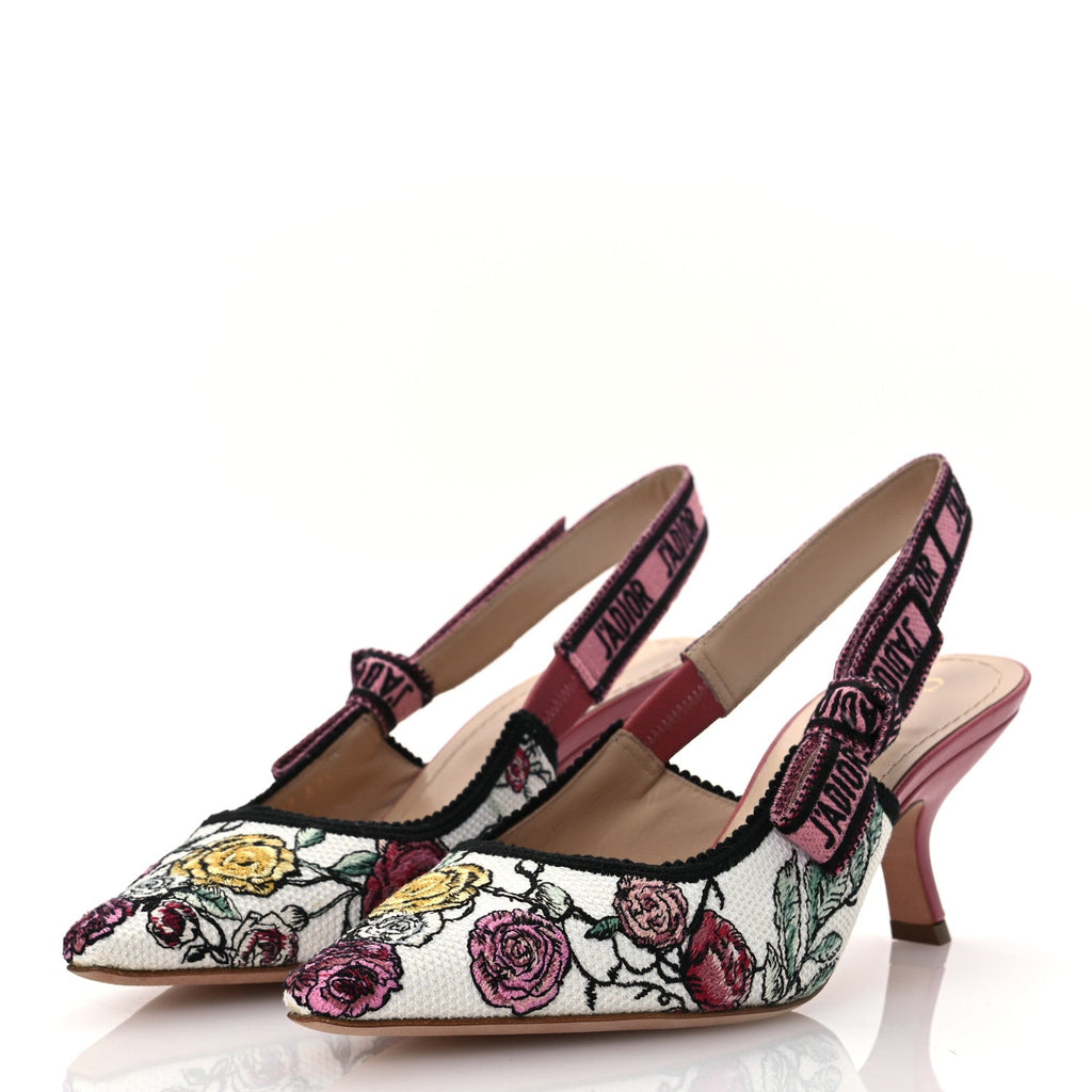 Canvas Embroidered Florilegio Ribbon J'Adior Slingback 65mm Pumps 37.5 White Multicolor