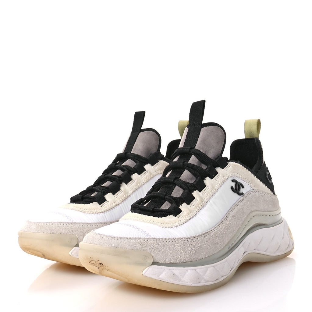 Velvet Calfskin Mixed Fibers CC Sneakers 38 White Gray Yellow