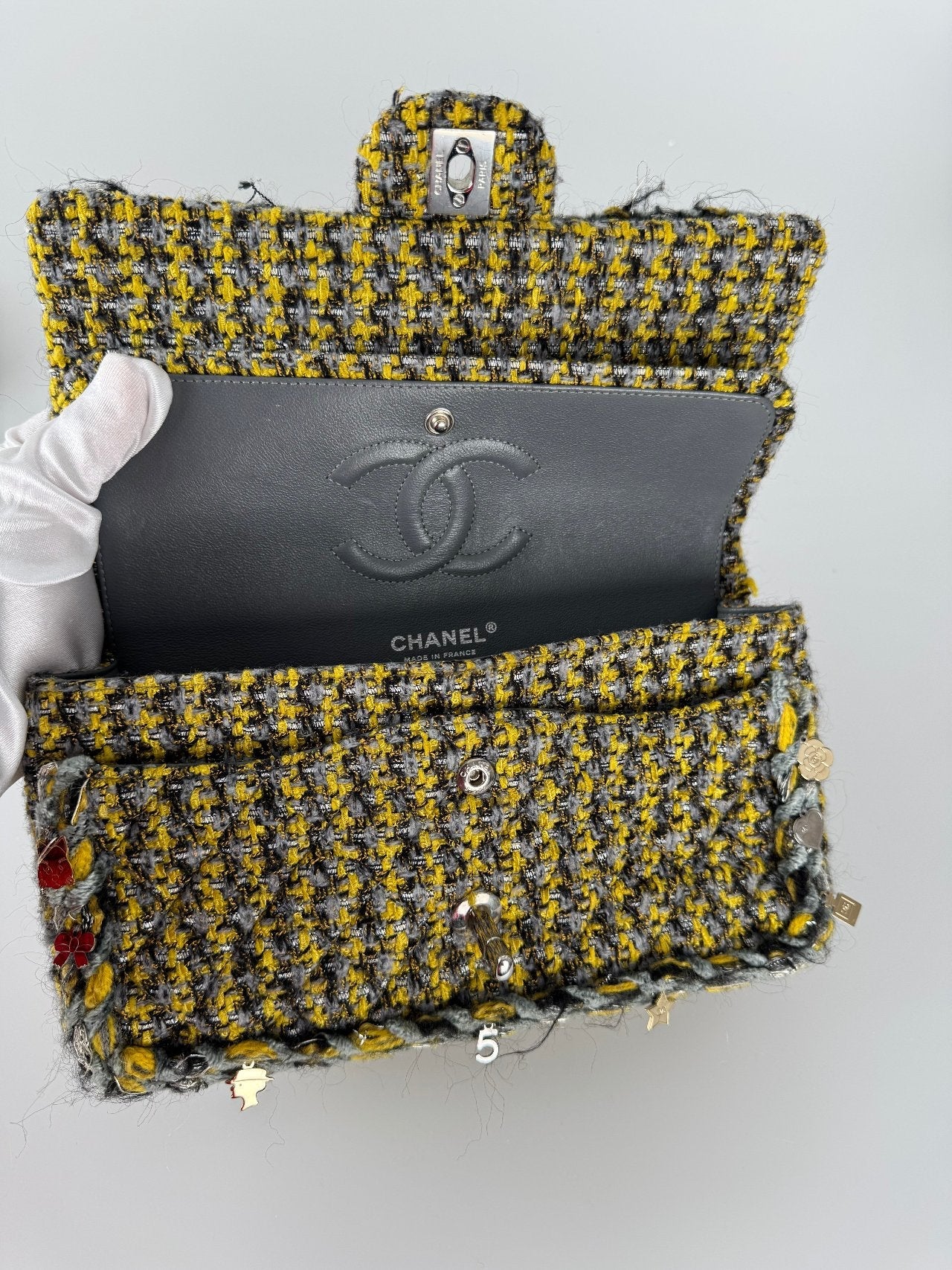 Chanel Tweed Braided Charms Medium Flap Bag Yellow Grey Black
