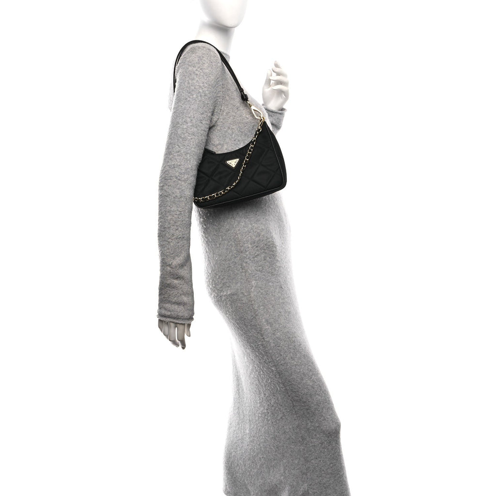 Re-Nylon Saffiano Quilted Mini Re-Edition 1995 Chaine Shoulder Bag Black