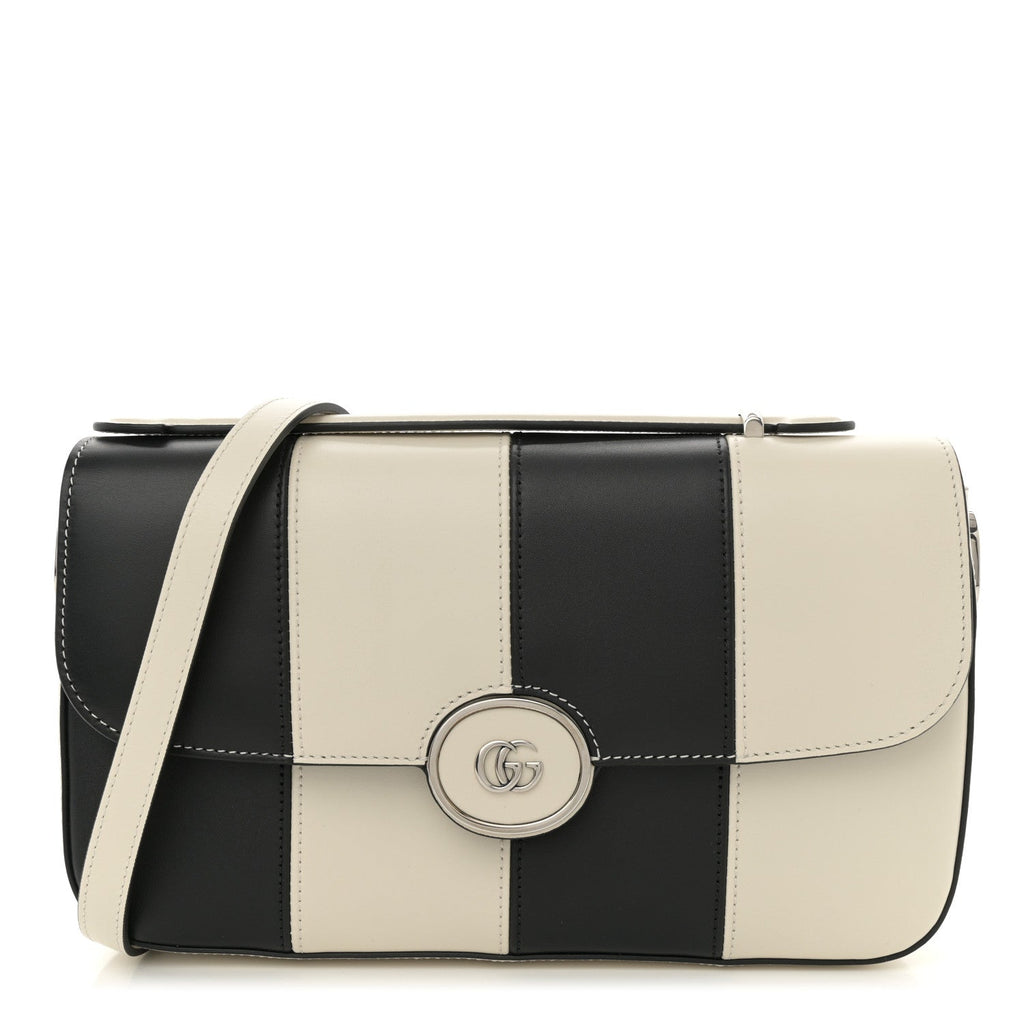 Senna Calfskin Lines Petite GG Top Handle Shoulder Bag Black Mystic White